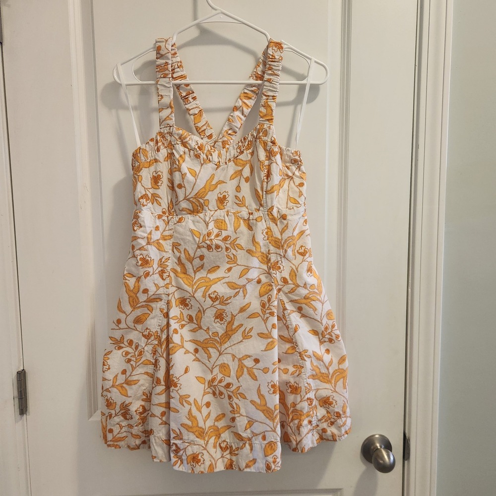 Maeve Anthropologie Orange White Floral Criss Cross Mini Dress Medium Smocked